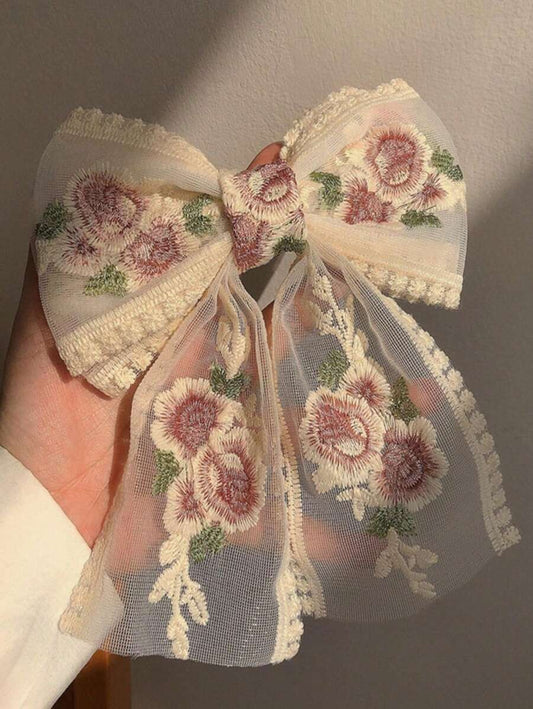 1pc Lace Rose Flower Bow Hair Clip, Fresh Sweet Style Decorated With Rhinestones