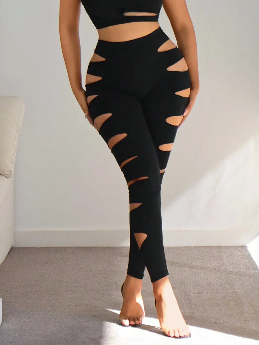 SHEIN SXY Women Solid Hollow Out Leggings, Suitable For Sports, Yoga