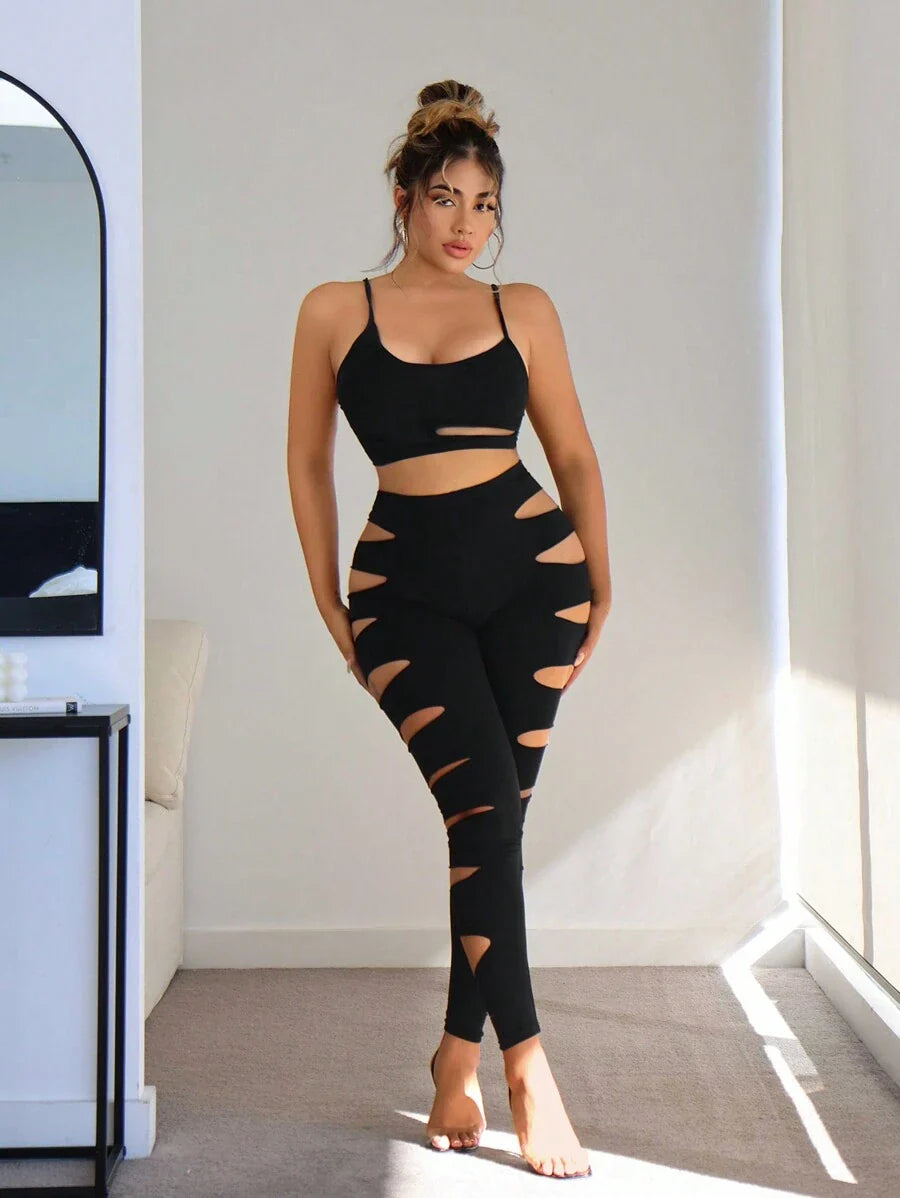 SHEIN SXY Women Solid Hollow Out Leggings, Suitable For Sports, Yoga