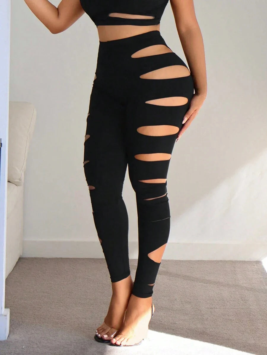 SHEIN SXY Women Solid Hollow Out Leggings, Suitable For Sports, Yoga