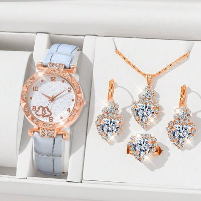 5pcs Women Watch Quartz Watch Set - Shiny Rhinestones, PU Leather,Earrings Rings Necklace Jewelry Set Perfect Gift For Her