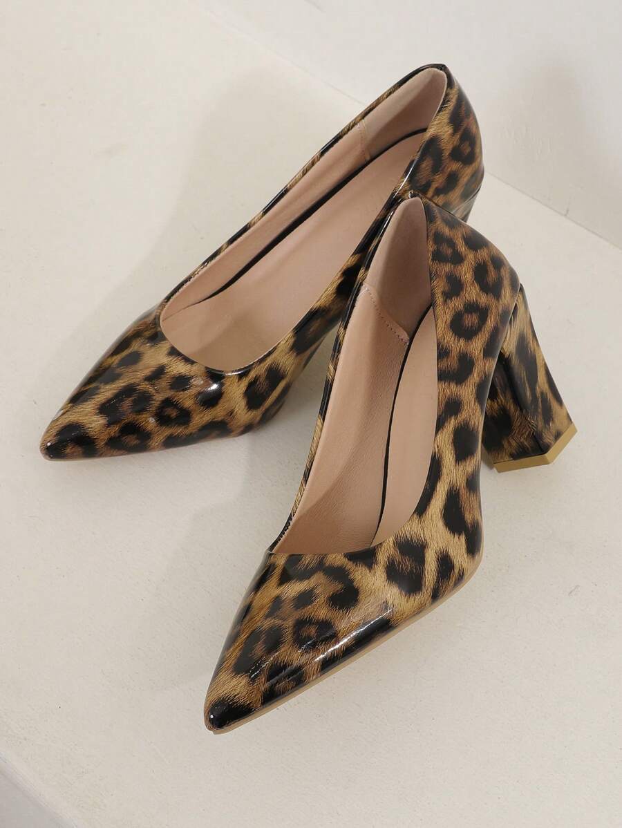 New Pointed Low Vamp Chunky Heel Women's Shoes, With Horsehair, Sexy French Style Leopard Print Fashion High Heels