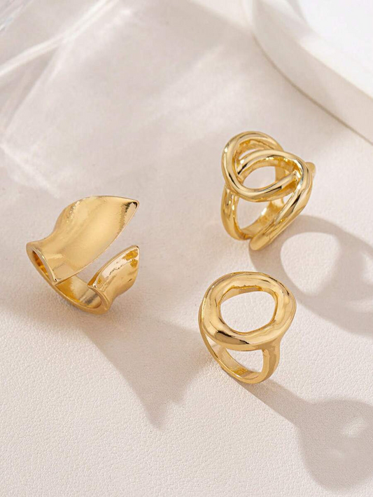 (3pcs/Set) Punk Style Exaggerated Glossy Round Opening Ring, Geometric Curved Surface Ring, And Geometric Glossy Cross Ring.