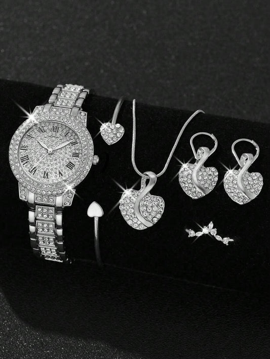 6pcs Gorgeous Style Women's Alloy Steel Band Quartz Watch With Rhinestone Set, Three Eyes Roman And Alloy Gold Jewelry Set, Heart Point Rhinestone Evening Party Valentines
