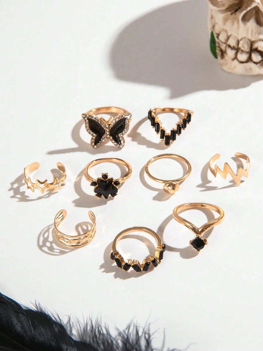 imoli 9pcs Simple & Elegant Alloy Butterfly & Star Design Open Ring Set With Rhinestone & Oil Drop Detail For Women, Great Gift For Dating (artificial Oil Dropping Color Adjustment, Slight Color Difference Among Batches)