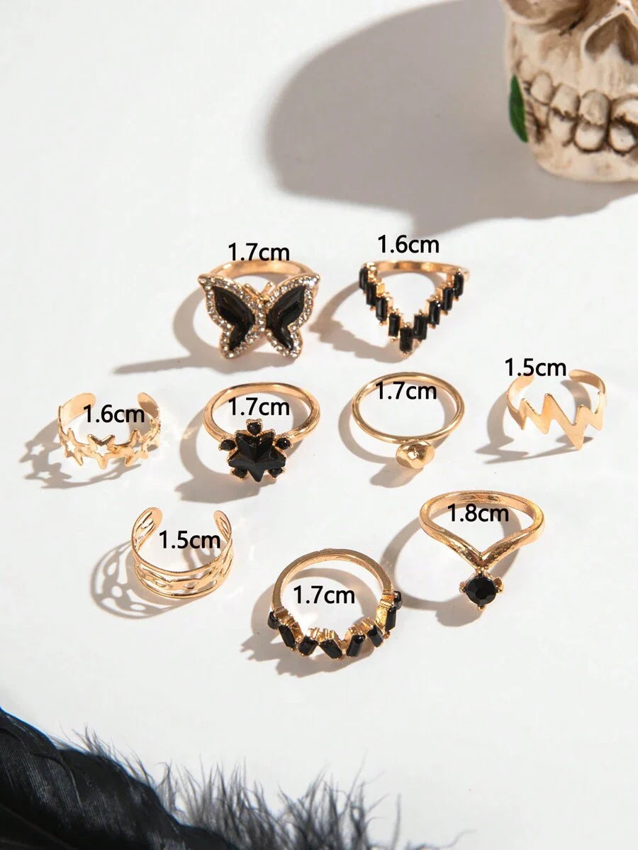 imoli 9pcs Simple & Elegant Alloy Butterfly & Star Design Open Ring Set With Rhinestone & Oil Drop Detail For Women, Great Gift For Dating (artificial Oil Dropping Color Adjustment, Slight Color Difference Among Batches)