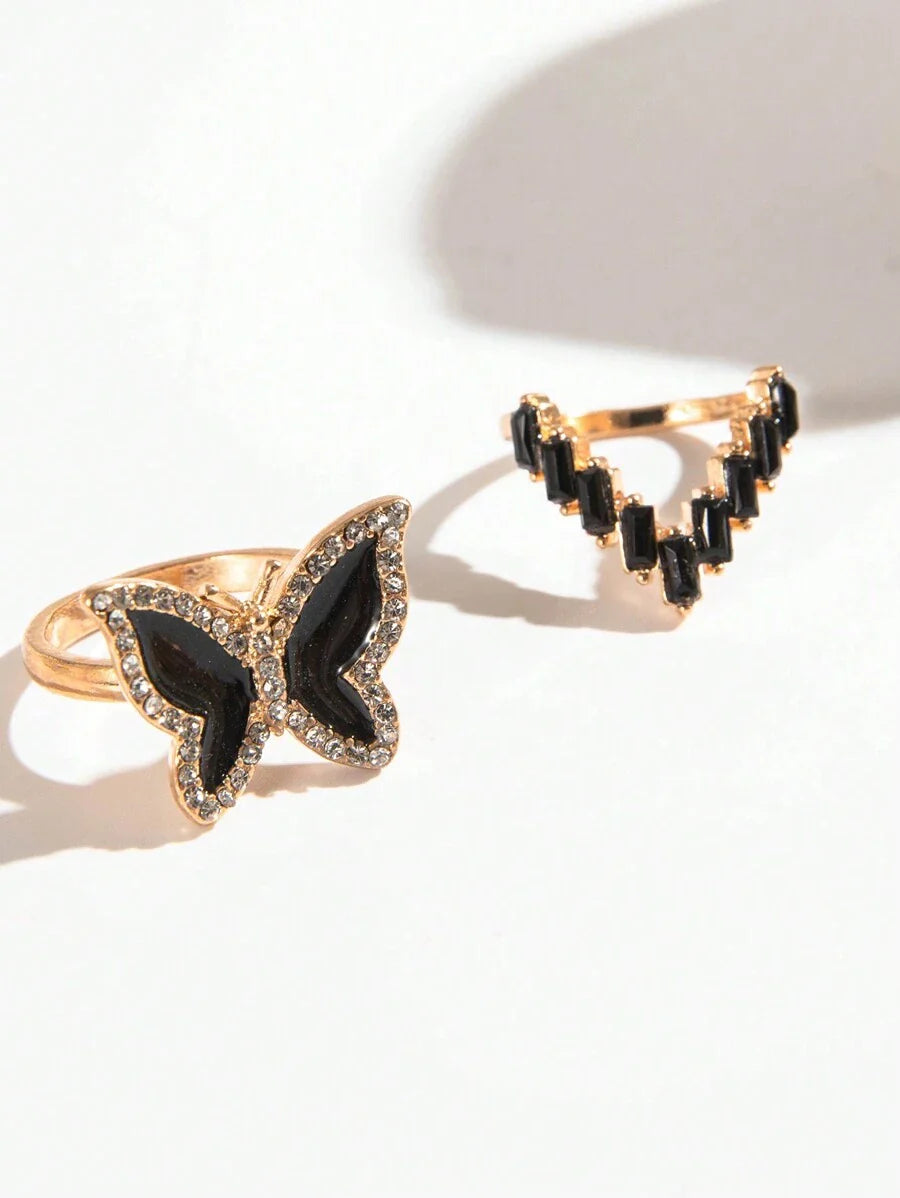 imoli 9pcs Simple & Elegant Alloy Butterfly & Star Design Open Ring Set With Rhinestone & Oil Drop Detail For Women, Great Gift For Dating (artificial Oil Dropping Color Adjustment, Slight Color Difference Among Batches)