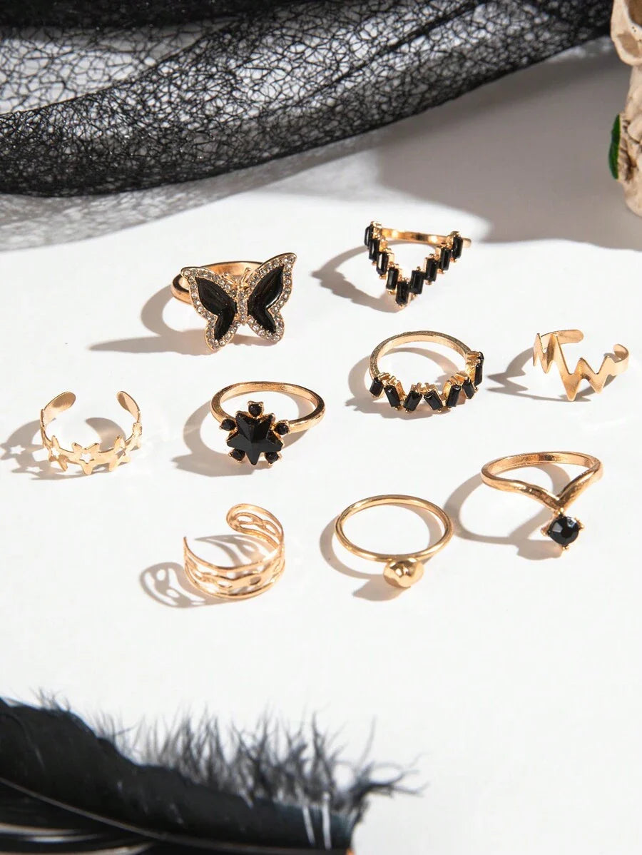 imoli 9pcs Simple & Elegant Alloy Butterfly & Star Design Open Ring Set With Rhinestone & Oil Drop Detail For Women, Great Gift For Dating (artificial Oil Dropping Color Adjustment, Slight Color Difference Among Batches)