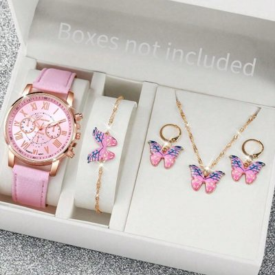 Girls&apos; PU Leather Strap Fashionable Three-Eye Roman Numeral Dial Quartz Watch And Butterfly Jewelry Set 5pcs/Set