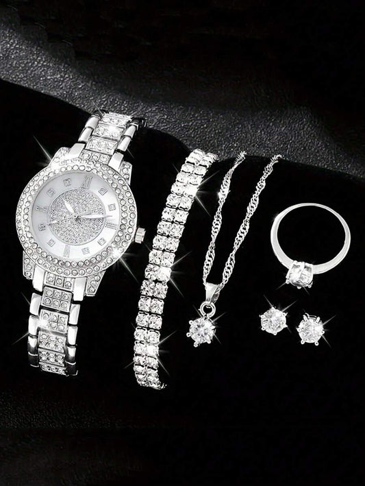 1set Women's Fashion Luxury Watch Set With Bangle, Quartz Watch And 5pcs Rhinestone Accessories