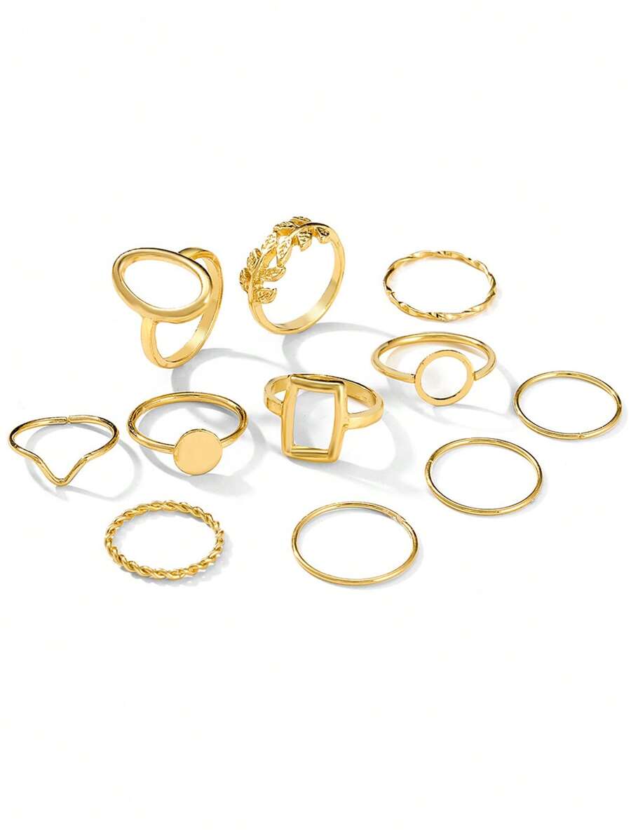 11pcs/Set Geometric Leaf Design Joint Rings Set For Women, Creative Fashion