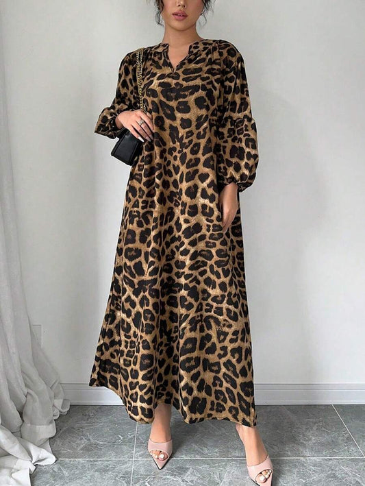 Calvaya Women's Summer Notched V-Neck Leopard Print Lantern Sleeve Long Loose Casual Dress Maxi Women Outfit