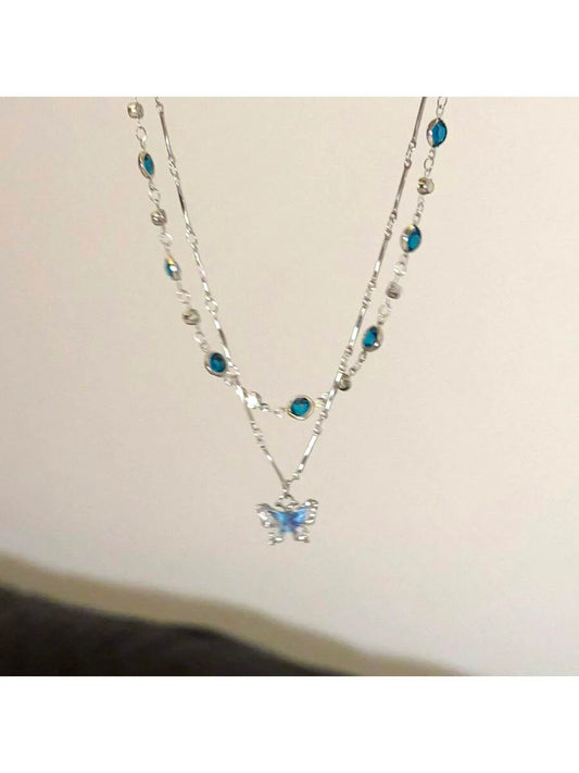 2pcs/Pack Elegant Blue Butterfly Pendant Necklace & Choker Chain Necklaces For Women