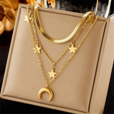 One Three-Layer Stainless Steel Necklace With Star And Moon Pendant, Suitable For Daily Wear And Also Perfect For Show Your Unique Personal Style
