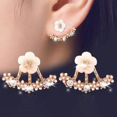 1pair Women&apos;s Daisy Flower &amp; Crystal Stud Earrings, Korean Style Sweet &amp; Simple Design, With Back Hanging Detail
