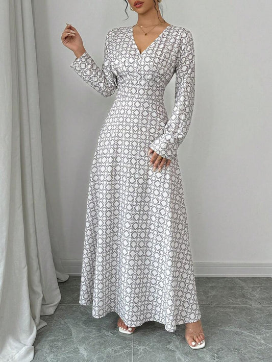 Elenzga Digital Print Waist Cinching Long Sleeve Dress Maxi Women Outfit