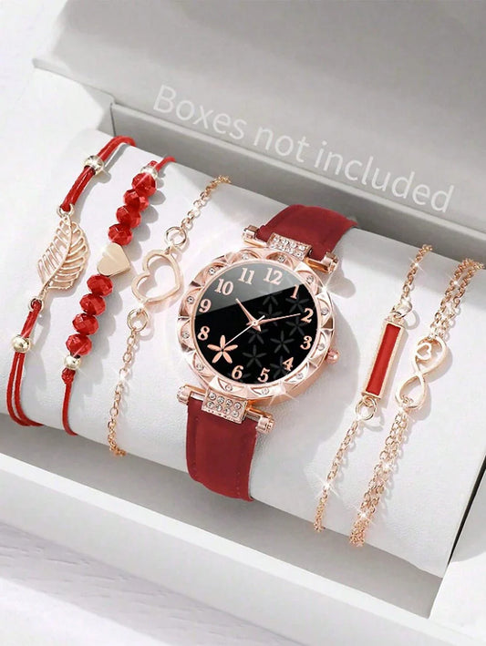 1pc Casual Cute Girls Quartz Bracelet Watch, Rhinestone Flower Dial + 6pcs Leaf & Heart Jewelry Set