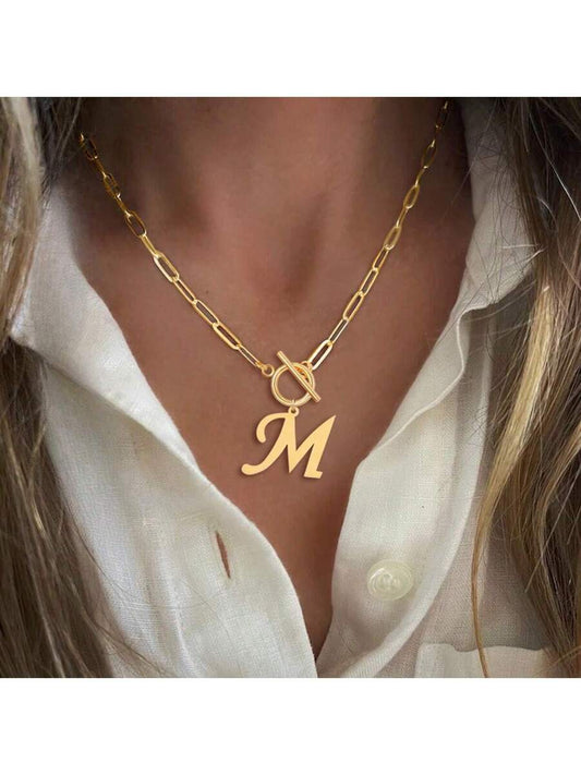 1pc Simple Big Initial Pendant Classic Stainless Steel Toggle Clasps Paper Clip Chain Necklaces For Women
