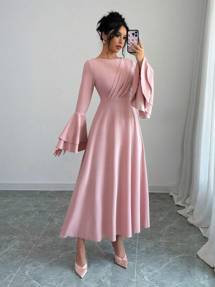 Rafferiza Women's V-Neck Long Lantern Sleeve Pleated Elegant Charming Dress Maxi Women Outfit