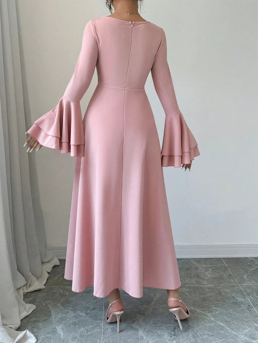 Rafferiza Women's V-Neck Long Lantern Sleeve Pleated Elegant Charming Dress Maxi Women Outfit