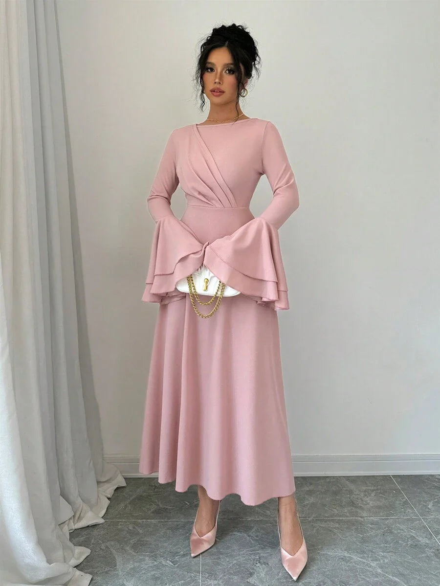 Rafferiza Women's V-Neck Long Lantern Sleeve Pleated Elegant Charming Dress Maxi Women Outfit