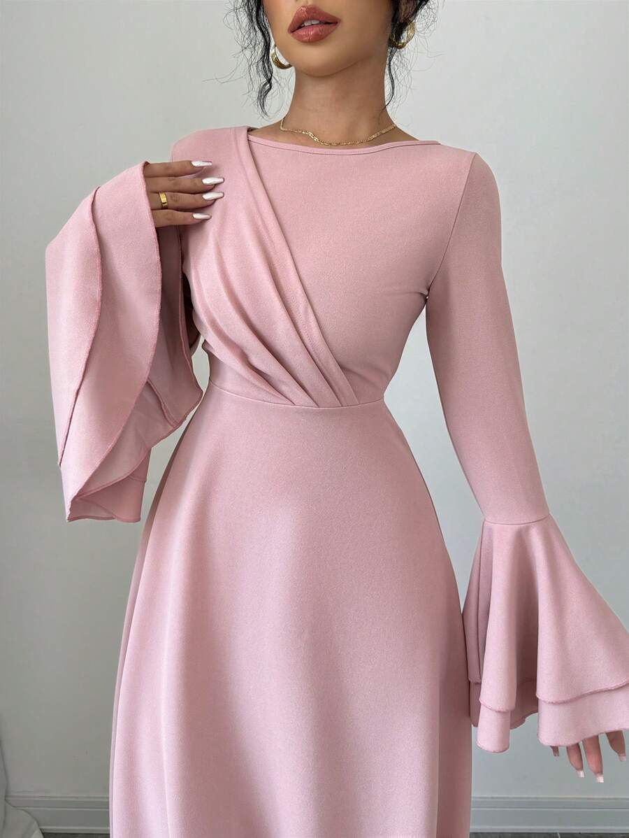 Rafferiza Women's V-Neck Long Lantern Sleeve Pleated Elegant Charming Dress Maxi Women Outfit