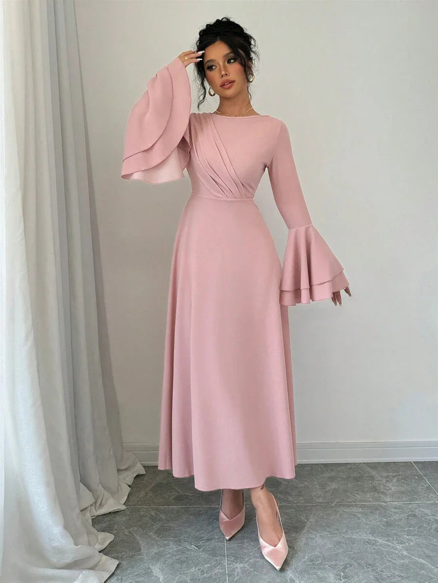 Rafferiza Women's V-Neck Long Lantern Sleeve Pleated Elegant Charming Dress Maxi Women Outfit