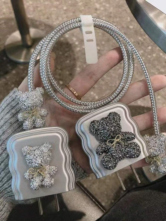 5pcs/Set Teddy Bear Charger Cable Protector Sleeve Soft Case For IPhone 16/15/14, 18/20W Fast Charging Adapter, Anti-Breaking, Gift For Boyfriend/Girlfriend