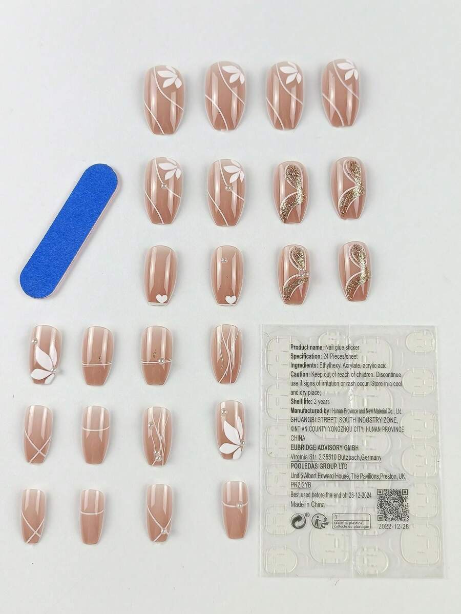 24pcs Short Ballerina Floral Print Faux Pearl & Golden Line Decorated Full Cover False Nails Set For Women & Girls Press On Nails