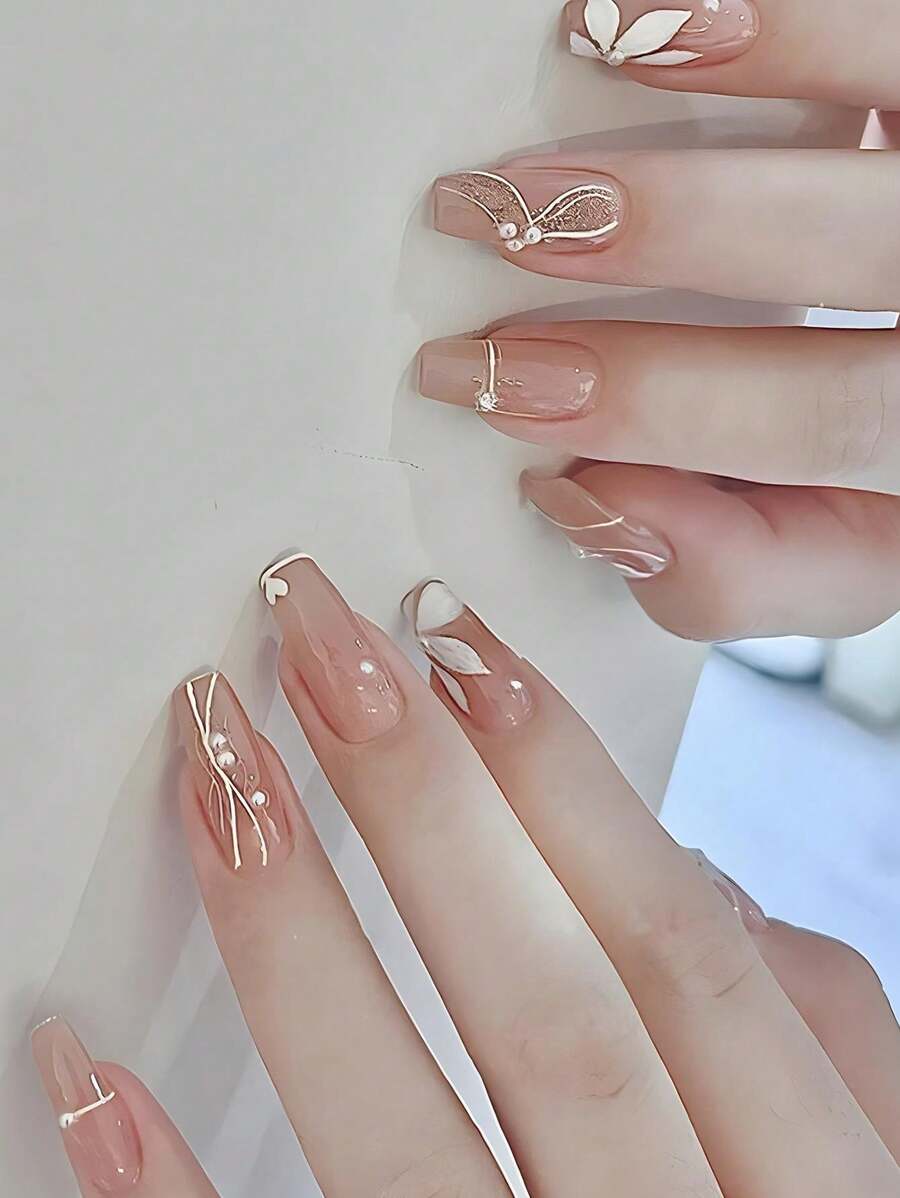 24pcs Short Ballerina Floral Print Faux Pearl & Golden Line Decorated Full Cover False Nails Set For Women & Girls Press On Nails
