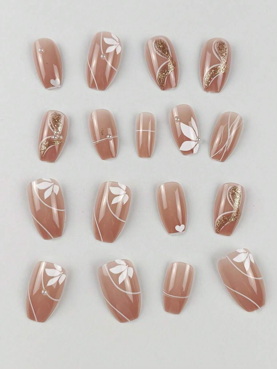 24pcs Short Ballerina Floral Print Faux Pearl & Golden Line Decorated Full Cover False Nails Set For Women & Girls Press On Nails