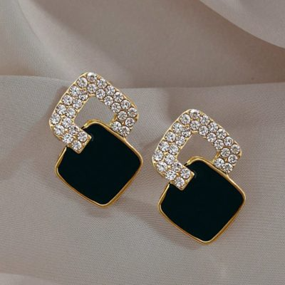 1pair Alloy Oil Drop &amp; Diamond Inlaid Square Stud Earrings For Women, Dating Gift