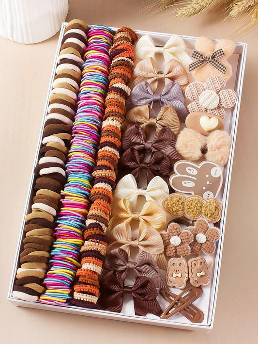 218pcs Girl's Cute Coffee Color Hair Scrunchies, Hairclips, Rabbit Ear & Bow Hair Accessories, Hair Ties, Hair Flowers & Clips Collection Set For Kids