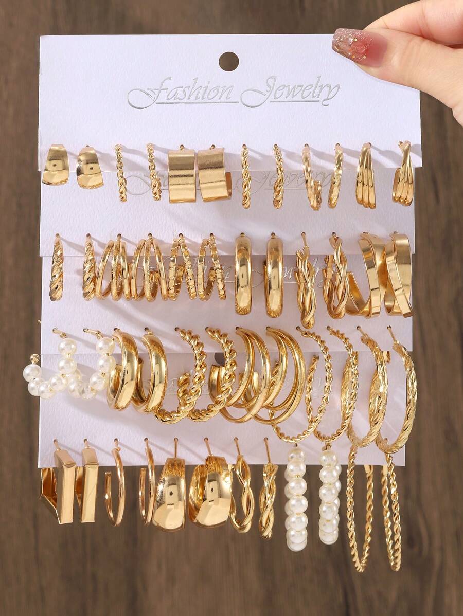 48pcs/Set Fashionable Faux Pearl Twist Design Wide Multilayer Earrings, Perfect For Party, Date, Gift And Daily Wear