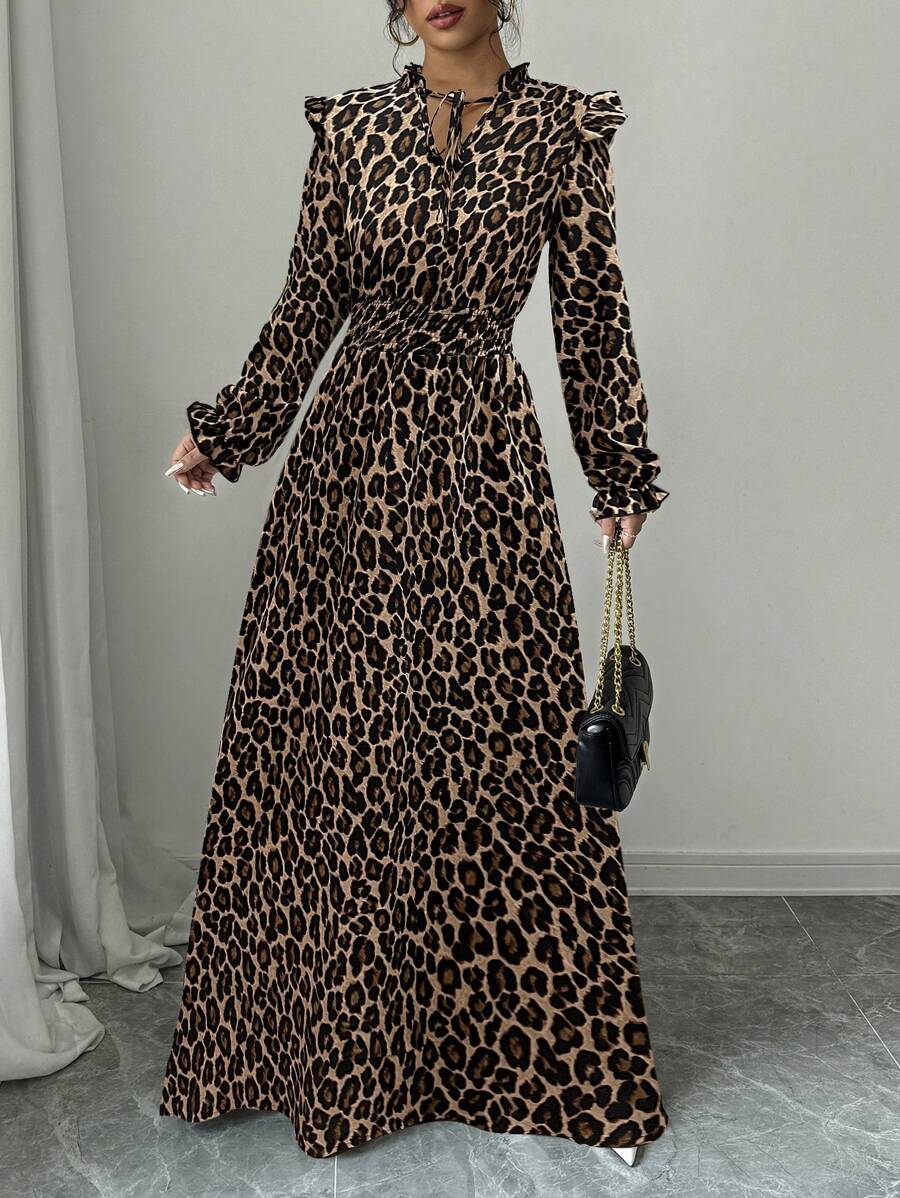 Elenzga 1pc Women Leopard Print Ruffle Tie Neck Long Sleeve Dress, Elegant For Autumn Maxi Women Outfit
