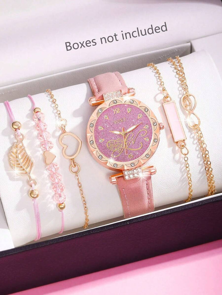 SOKI 6pcs Women's Watch Fashion Casual Heart-Shaped Digital Circular Dial Quartz Watch And Bracelet Suitable For Women's Parties, Festivals, Birthdays Or Sisterhood Gifts, Is The Best Gift For Women (No Box)