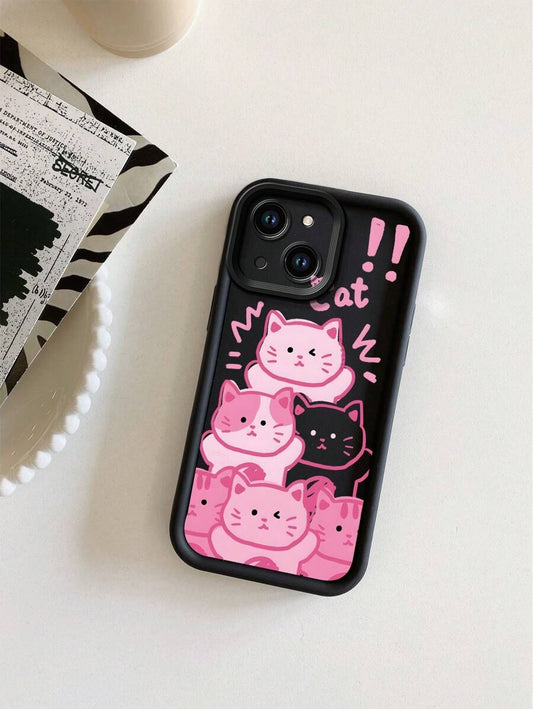 1pc Premium Cartoon Pink Kitty Pattern Sand Grain Thick Anti-Fall Phone Case Compatible With Apple/Redmi/Infinix/Vivo