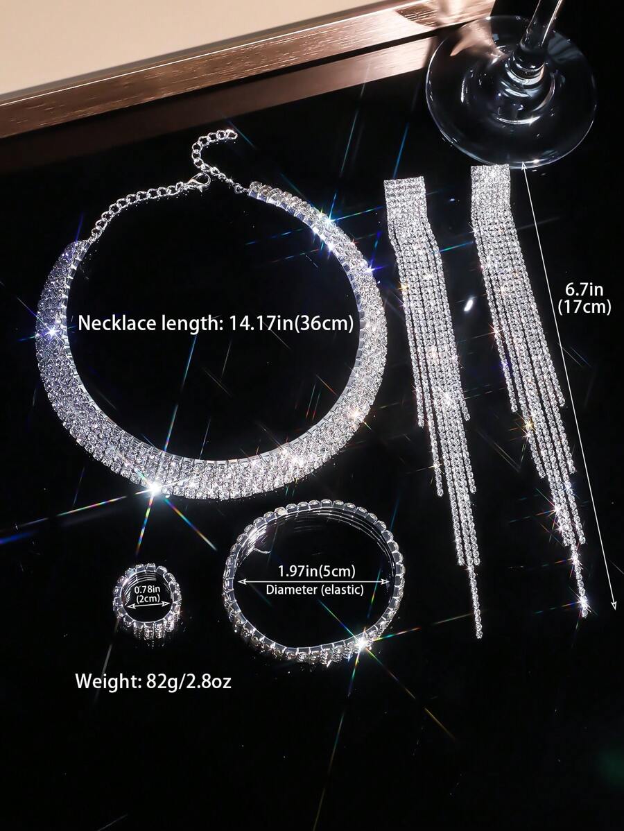4 Pieces/Set Women's Artificial Crystal Silver Multi-Layer Necklace, Bracelet, Earrings And Ring Set, Suitable For Parties, Banquets, Etc.
