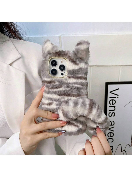 1pc Plush 3D Cute Tiger Print Winter Shockproof Phone Case, Compatible With Iphone/Redmi/OPPO Phones