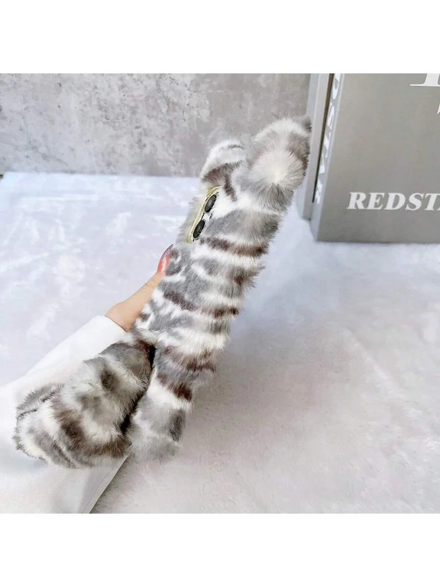 1pc Plush 3D Cute Tiger Print Winter Shockproof Phone Case, Compatible With Iphone/Redmi/OPPO Phones