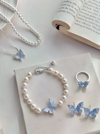 1 Pc Of Design Sense Niche Elegant Kyanite Butterfly Pearl Layer Necklace Bracelet Stud Earrings Ring