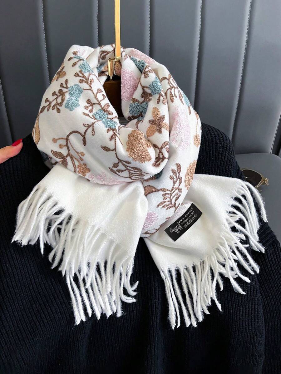 Boho 1pc Women's Thick Faux Cashmere Embroidered Scarf With Tassels For Autumn And Winter Outfit, Bohemian Style Cape For Traveling Accessories Women