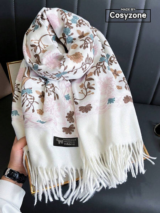 Boho 1pc Women's Thick Faux Cashmere Embroidered Scarf With Tassels For Autumn And Winter Outfit, Bohemian Style Cape For Traveling Accessories Women