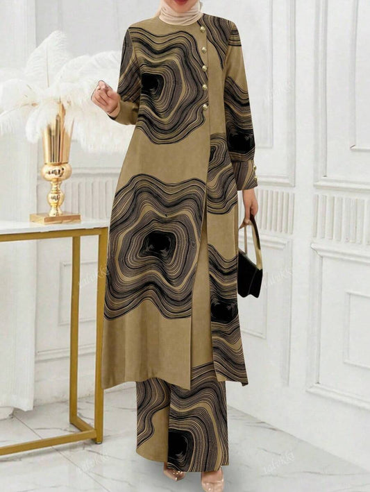 Women Button-Decorated Solid Color Long Sleeve Top & Pants Set, Arabic Style Clothing, Modest