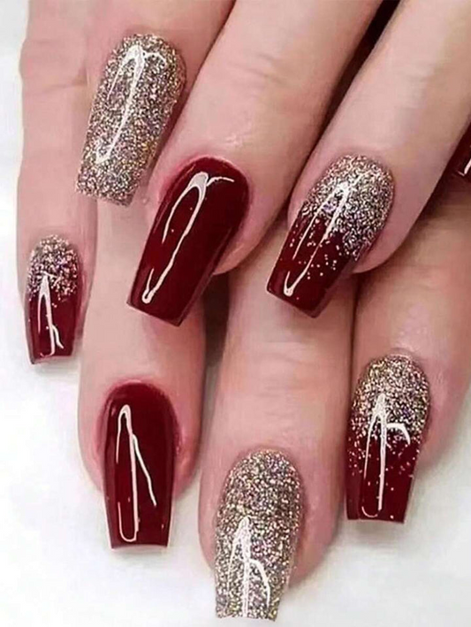 24pcs Instantly Upgrade Your Look With Red Long Square Fake Nails,Gold Glitter Covers The Nails,These Ballet-Style Fake Nails Make Your Fingers Look Long And Stylish,1pc Nail File & 1Nail Glue Sticker Kit Nails For Girl Mother Women Gift ,Whitening Nail A