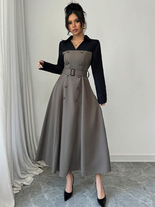 Modelyn Women's Elegant Contrast Color Patchwork 2 In 1 Dress, Autumn Winter Long Evening Dresses