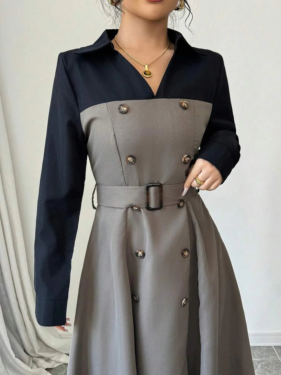 Modelyn Women's Elegant Contrast Color Patchwork 2 In 1 Dress, Autumn Winter Long Evening Dresses