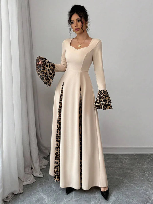 Modelyn Women's Leopard Print Patchwork Contrast Color Sweetheart Neckline Flared Sleeve Elegant Dress, Autumn/Winter Long Evening Dresses