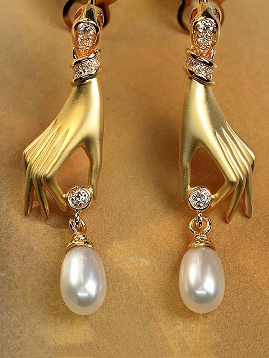 1 Pair Unique Hand With Faux Pearl Dangle Earrings For Women Female Accessory Daily Wear Statement Jewelry
