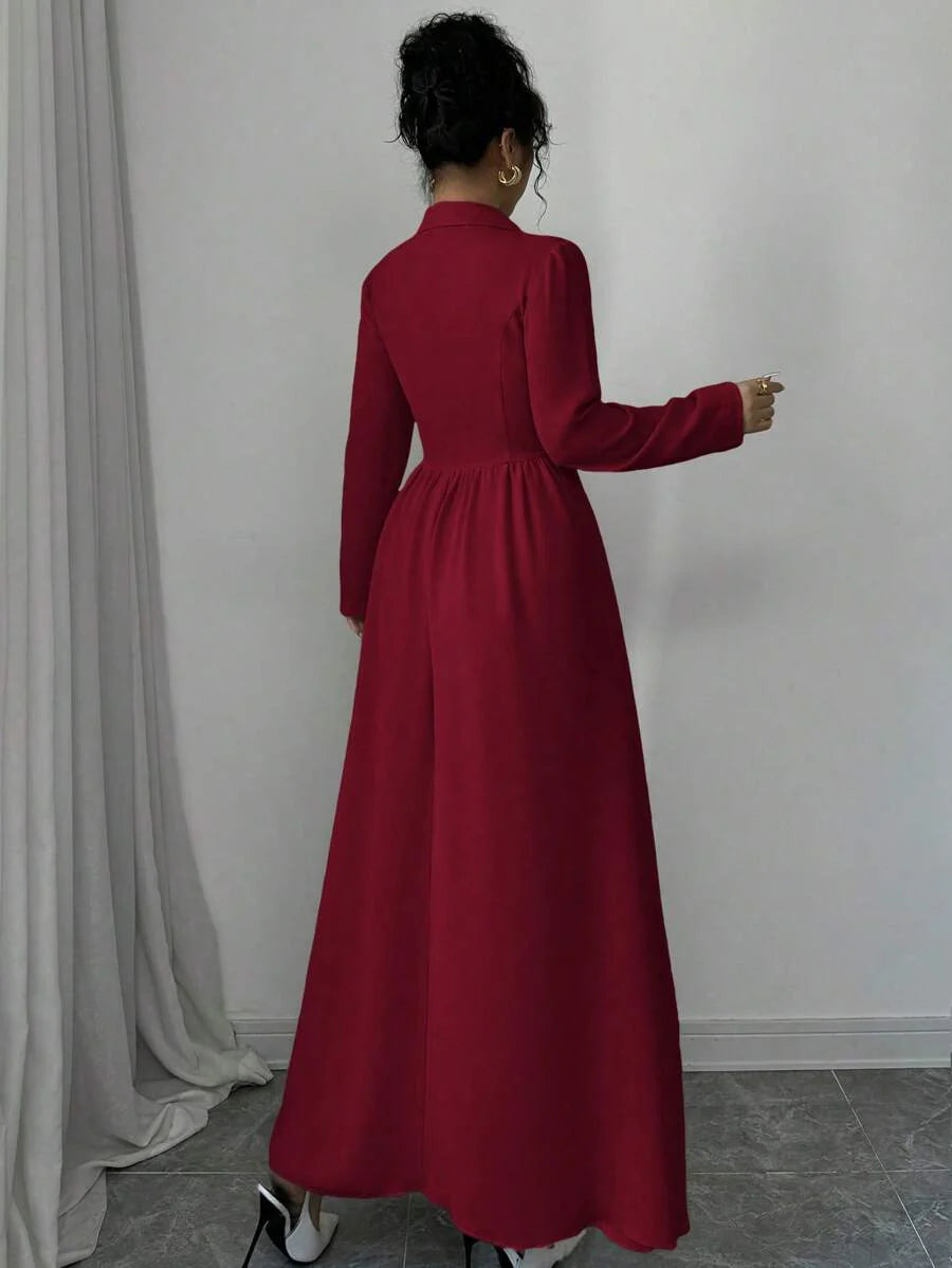 Elenzga Women's Elegant Burgundy Red Maxi Dress: Double-Breasted, Long Sleeve, A-Line